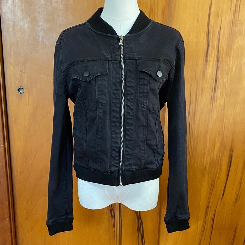 Seed Heritage Black Cotton Twill Bomber Jacket Edgy Casual Silver Zip Layers